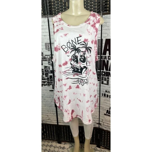Lovesick Plus 4 Vanilla Tie-Dye Bone Voyage Skull Graphic Slashed Back Tank Top - Picture 2 of 5